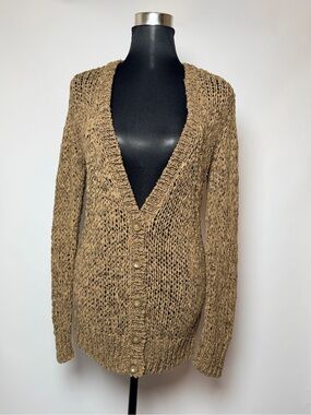 Hinge Open Knit Button Front Cardigan Sweater Tan Beige Medium